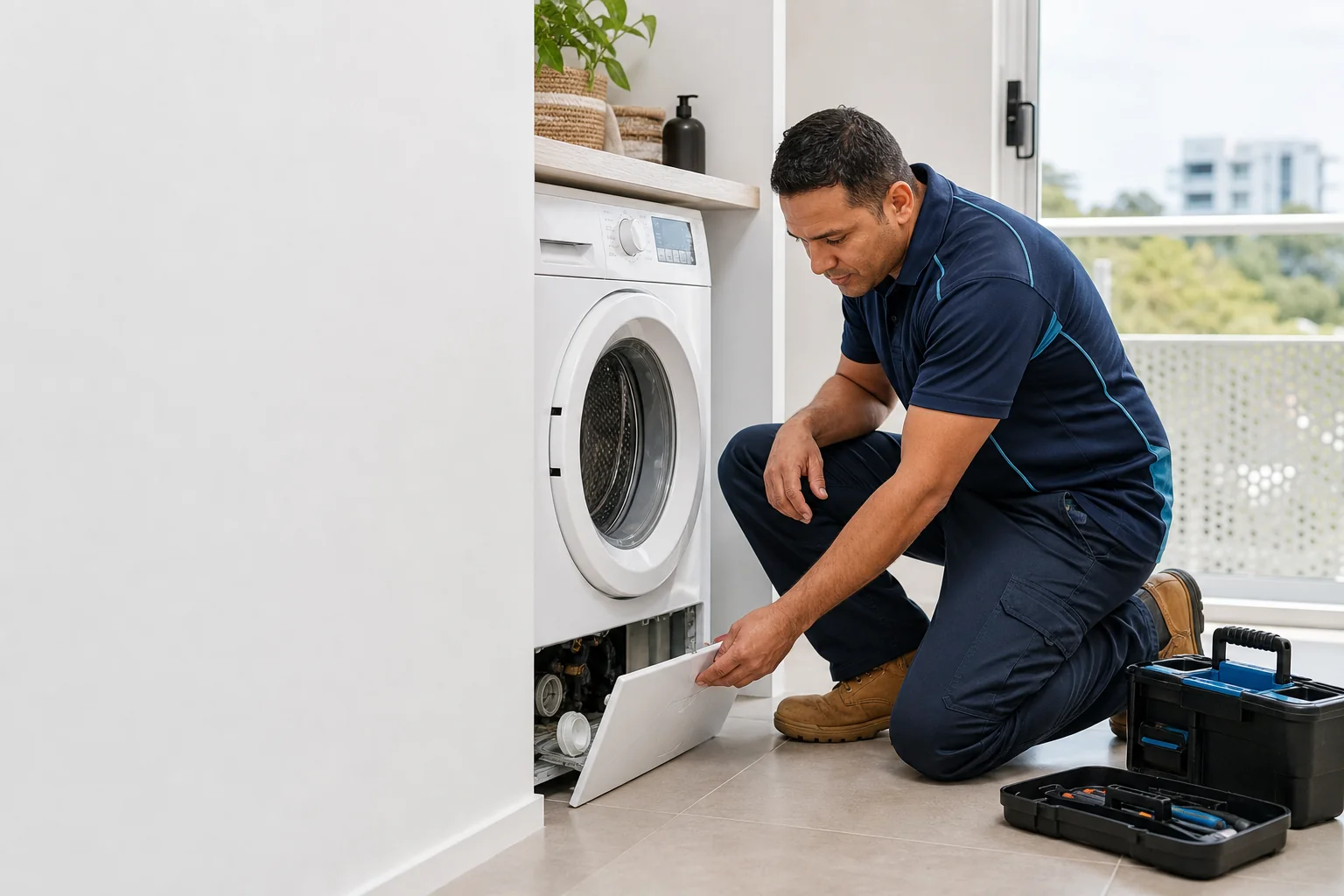 Technician checking a front-load washing machine in a home laundry